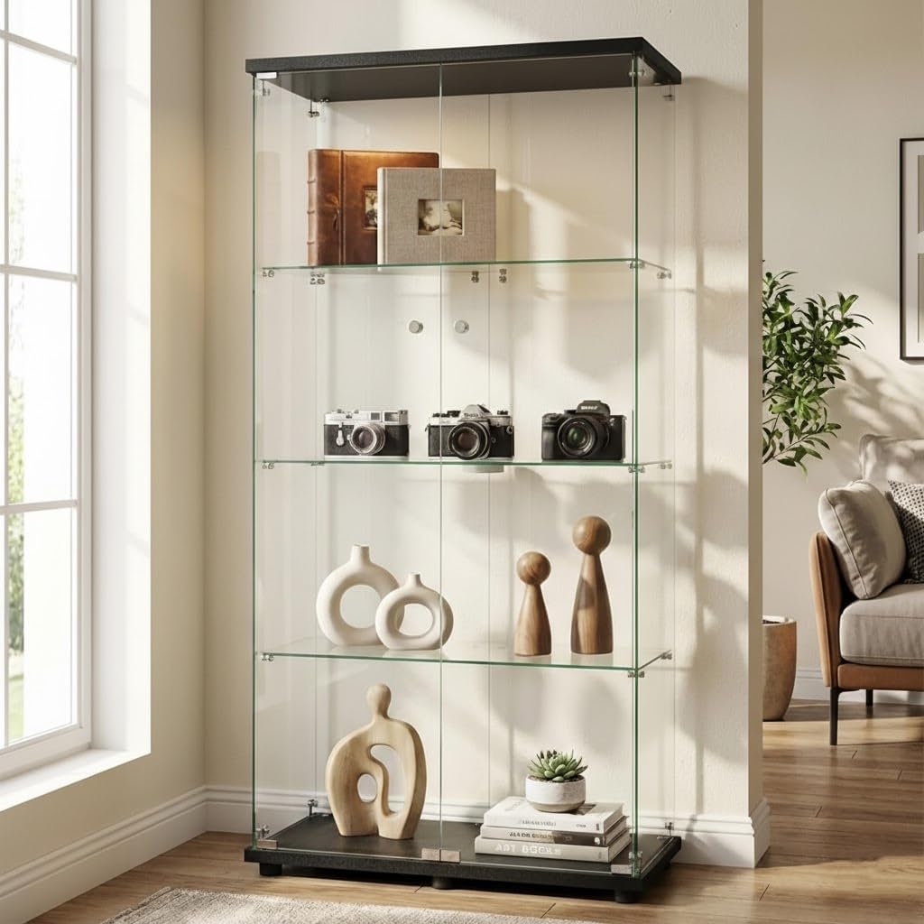 Vitrine, GAWYOEX, 5 cm, 36,5 cm, 5 mm, 62,9 kg, 164 × 80,5 × 36,5 cm, com prateleiras, madeira, vidro, Preto, para uso diário