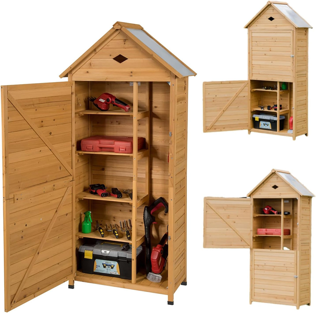 Abrigo de jardim, COSTWAY, 80 × 45 × 177 cm, 26 cm, resistente à água, com prateleiras, madeira, Natural, para jardim e exterior