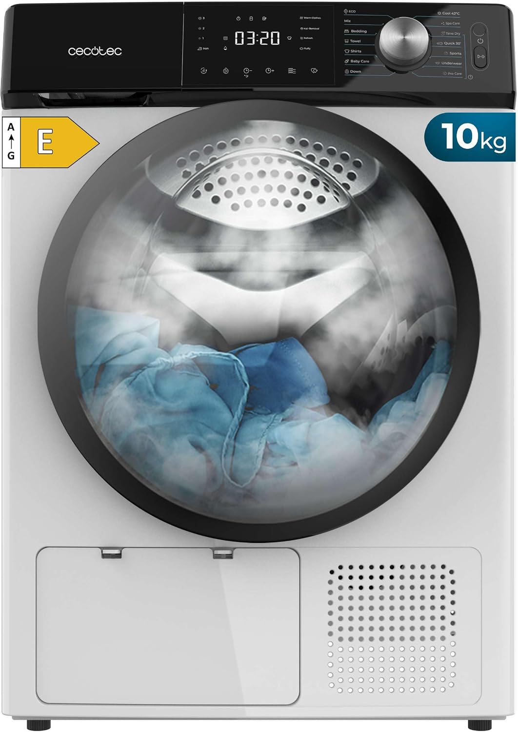 Cecotec, Máquina de secar roupa, 10 kg, 14 programas, Classe E, aço, tecido, Branco, para uso diário