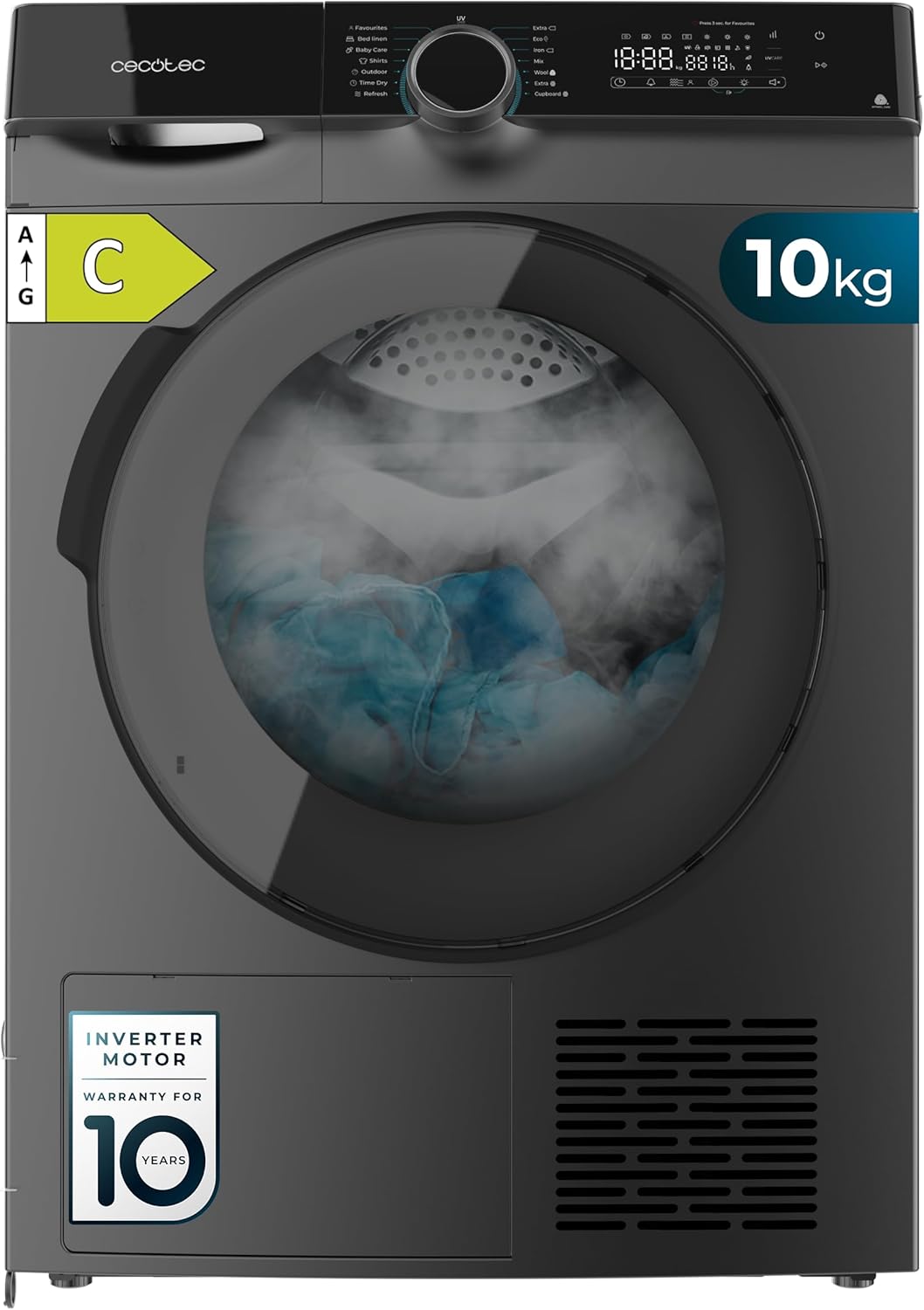 Cecotec, Máquina de secar roupa, 10 kg, 14 Programas, Classe E, aço, tecido, Prateado, para uso diário