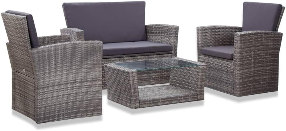 Conjunto de mobiliário de jardim, Emmtore, resistente à água, aço, ratã, Cinzento, para jardim e exterior