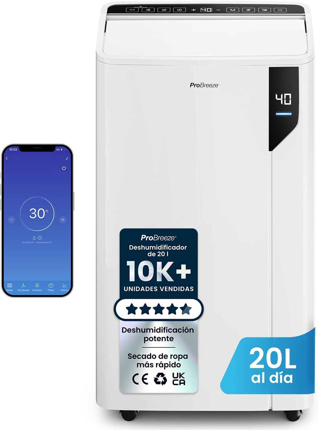 Desumidificador, Pro Breeze, 20 L, 5,5 L, com temporizador, com iluminação LED, com controlo por aplicação, plástico, Natural, para uso diário
