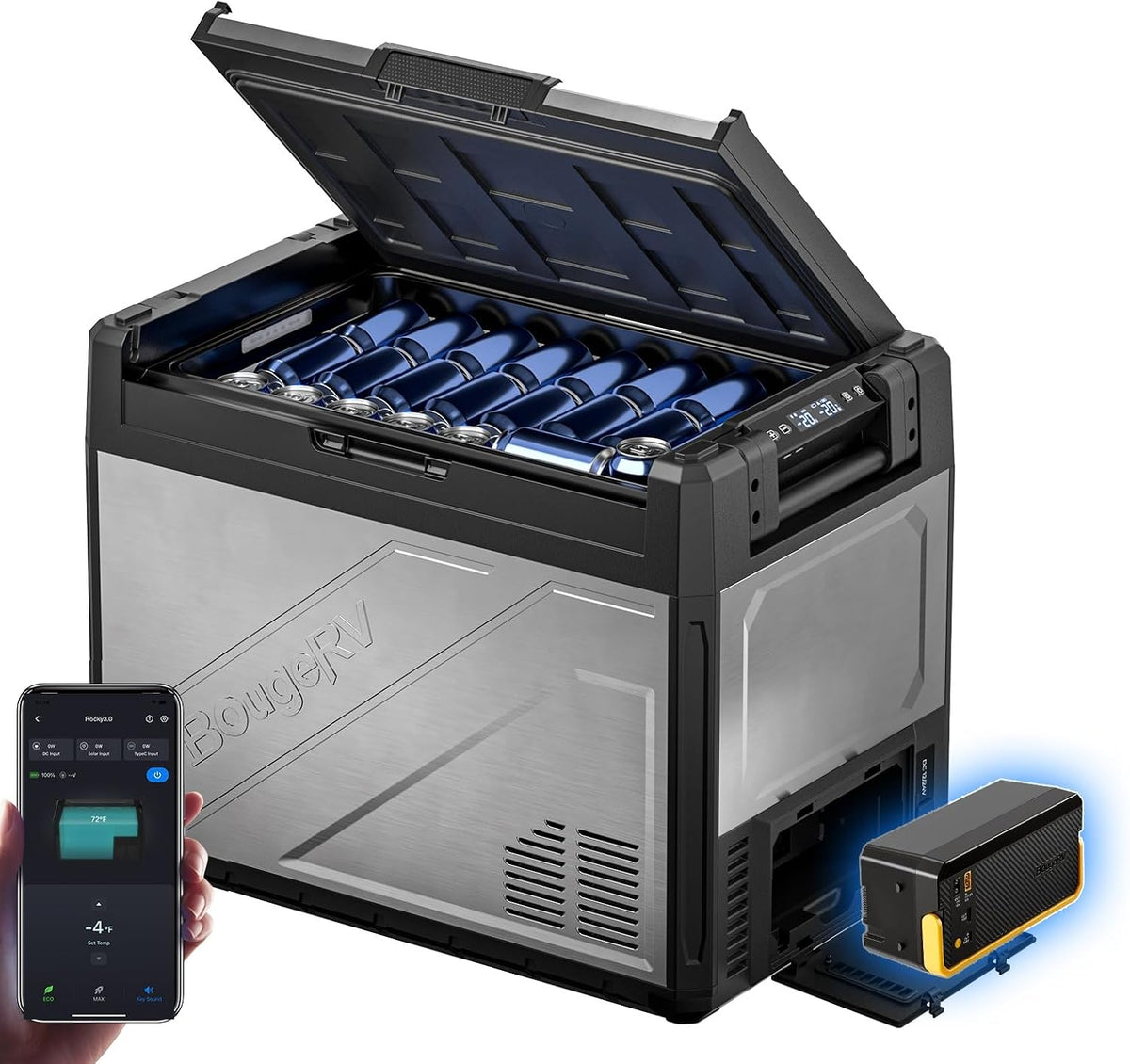 Geleira portátil, BougeRV, V3.0, 65 L, 12 V, 230 V, 55 W, 40 W, 45 dB, com iluminação LED, Multicolor, para uso diário
