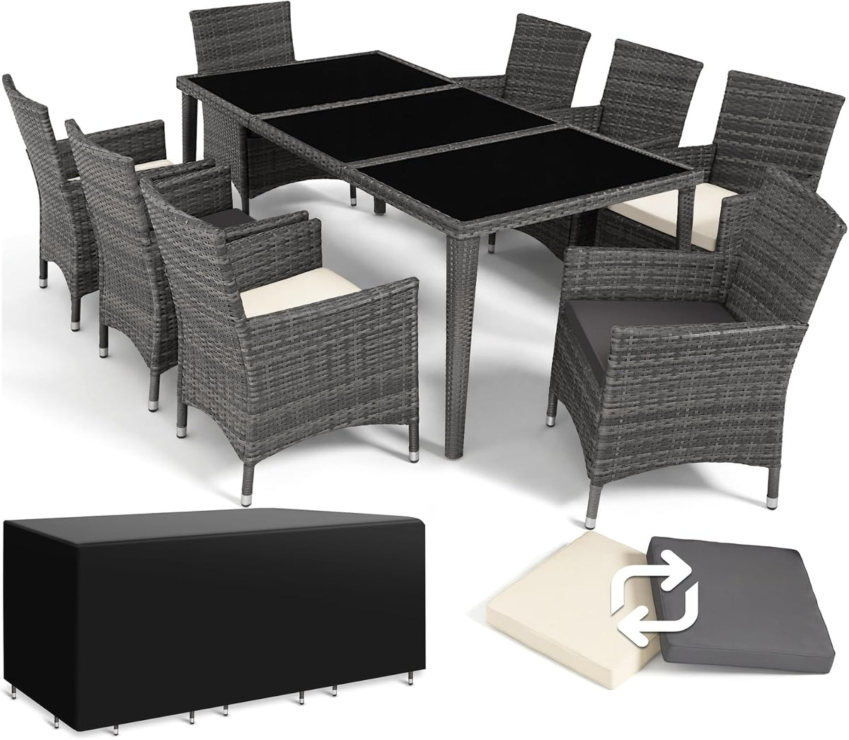 Conjunto de mobiliário de jardim, tectake, 8 Cadeiras, 150 kg, alumínio, vidro, Cinzento, para jardim e exterior