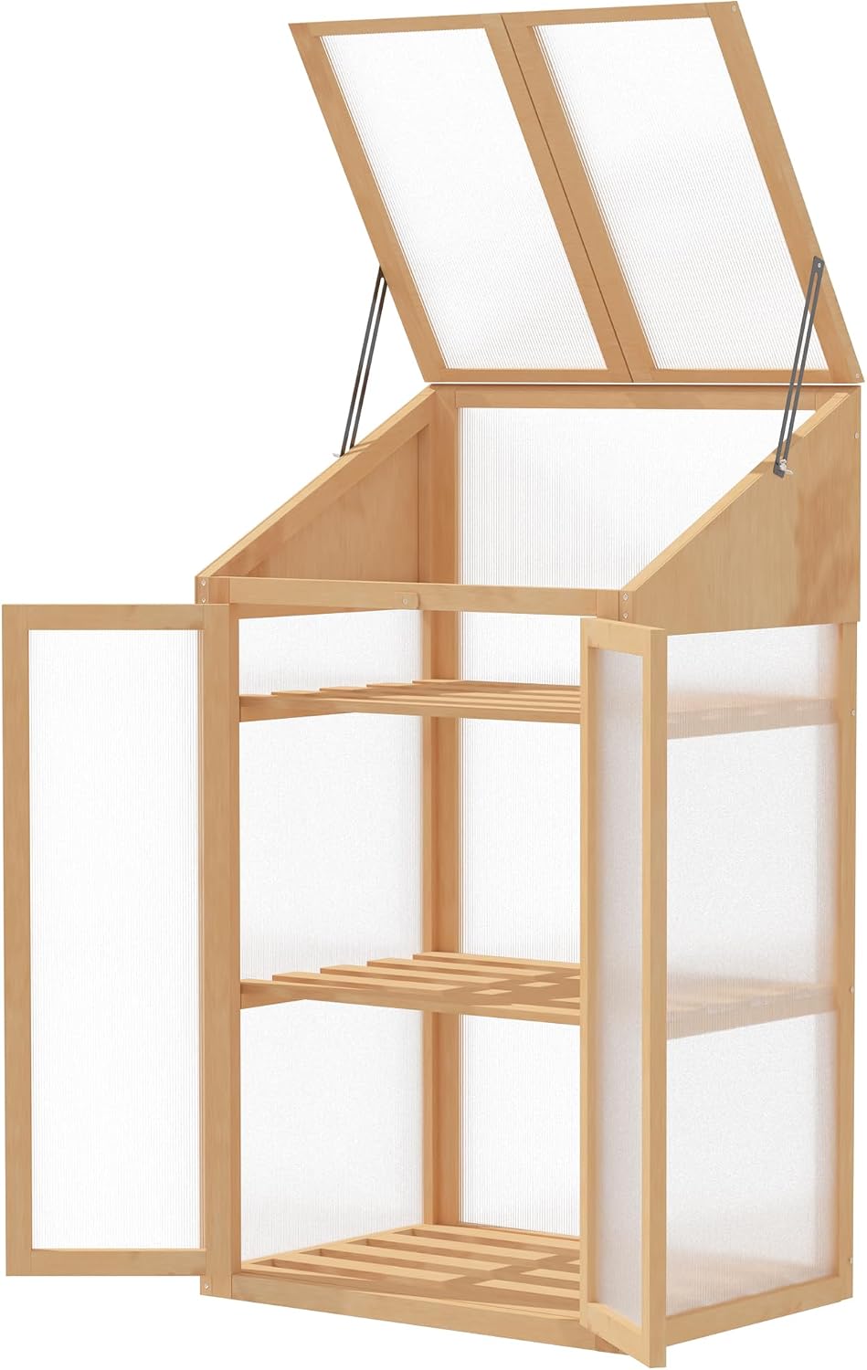 Equipamento de exterior, Outsunny, 70 × 50 × 120 cm, 4 mm, 15 kg, com prateleiras, madeira, plástico, Natural, para jardim e exterior