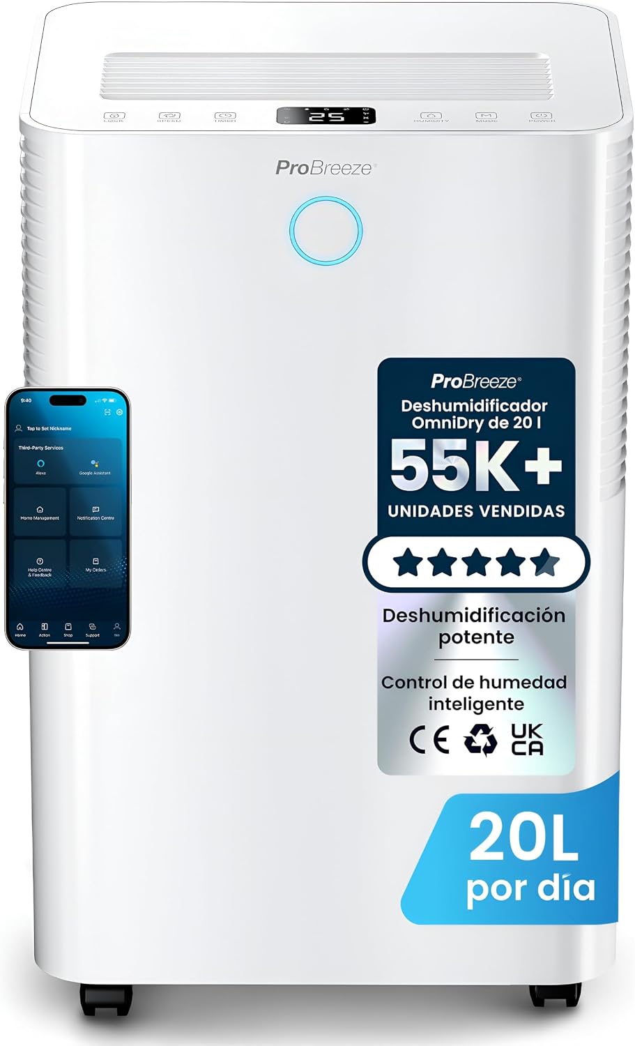 Desumidificador, Pro Breeze, 20 L, 4 L, com temporizador, com iluminação LED, com controlo por aplicação, plástico, Multicolor, para uso diário
