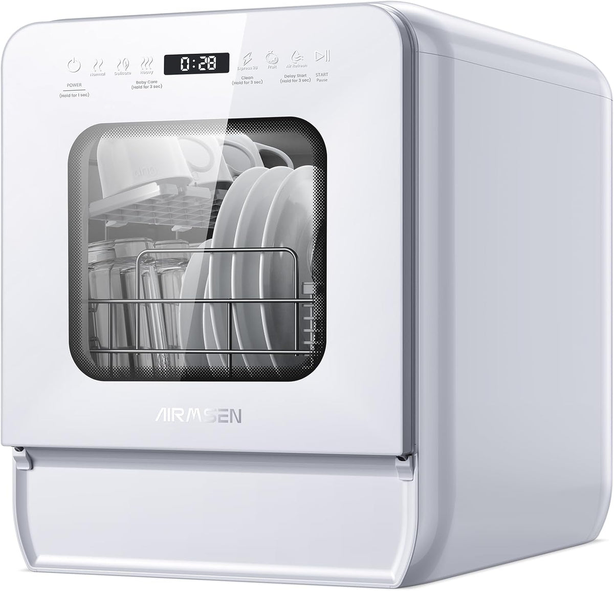 Máquina de lavar loiça, AIRMSEN, 5 L, 37 cm, 45 cm, 51 cm, 2 Programas, 7 programas, com ecrã tátil, com iluminação LED, vidro, Branco