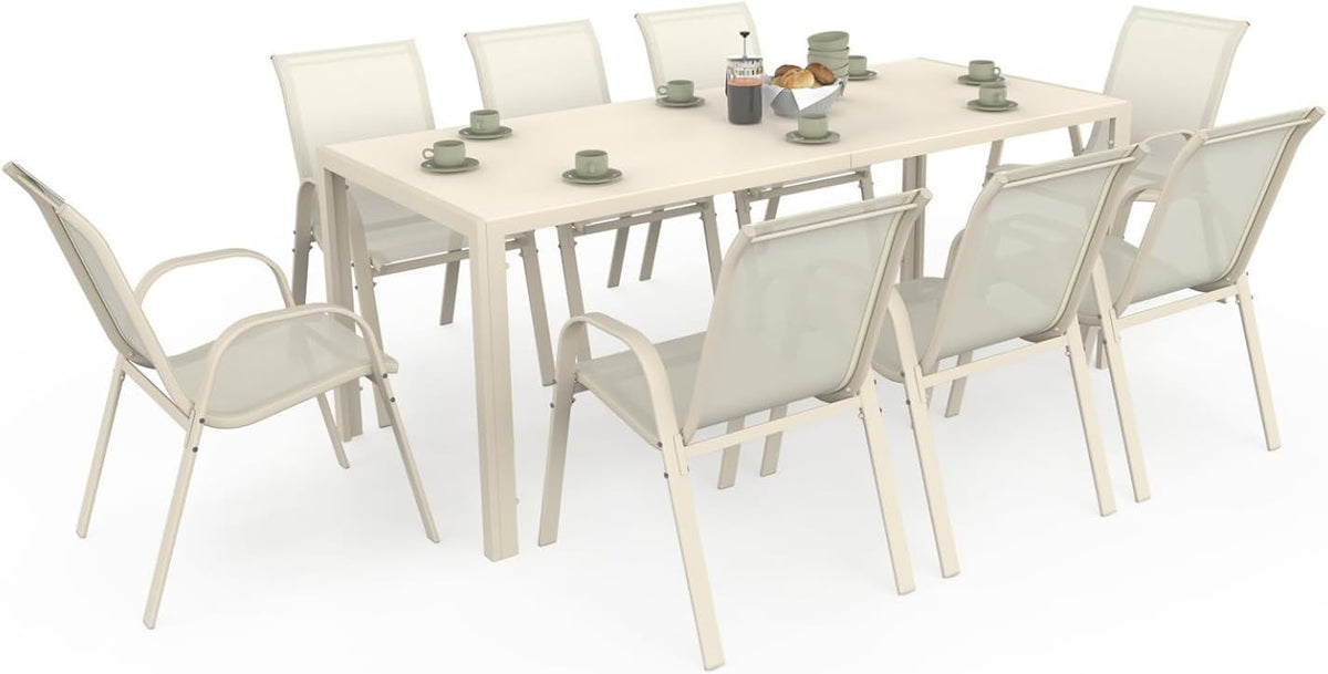 Conjunto de jardim, IDMarket, com 8 cadeiras, 190 cm, aço, vidro, Bege, para jardim e exterior
