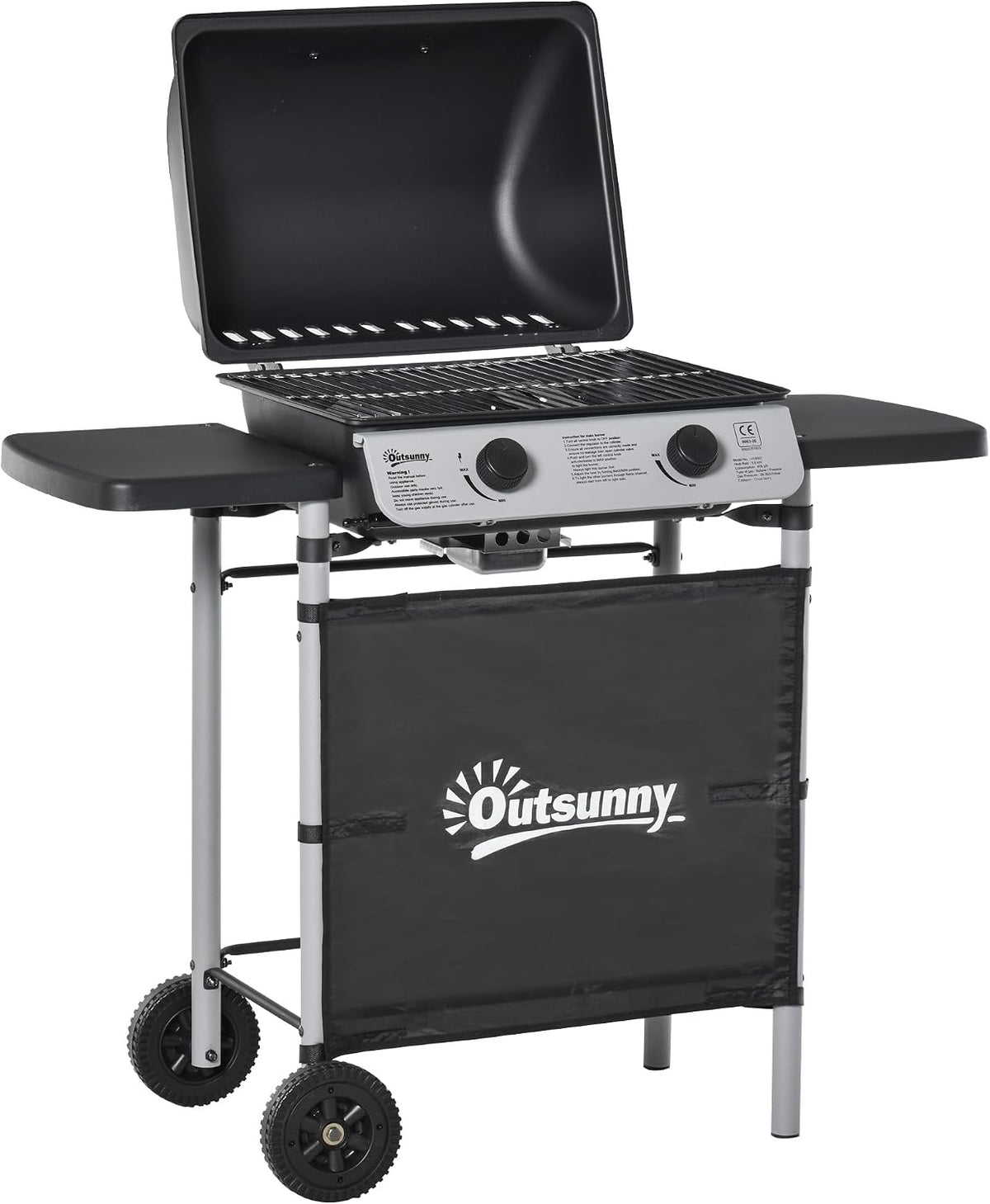 Grelhador a gás, Outsunny, 6 KW, 104 × 49 × 99 cm, com rodas, aço inoxidável, aço, Preto, para jardim e exterior