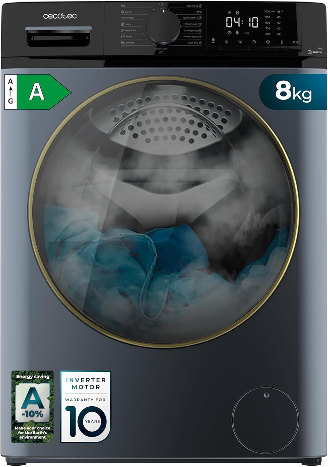 Cecotec, Máquina de lavar roupa, 8 Kg, 1400 RPM, 15 Programas, tecido, Azul, para uso diário