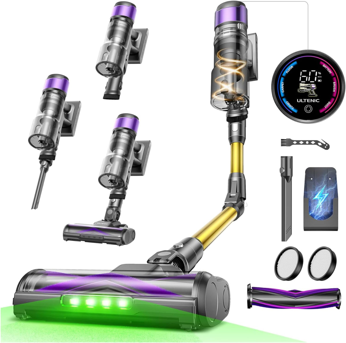 Aspirador vertical, Ultenic, 600 W, com ecrã tátil, com iluminação LED, com prateleiras, madeira, plástico, Verde, para uso diário