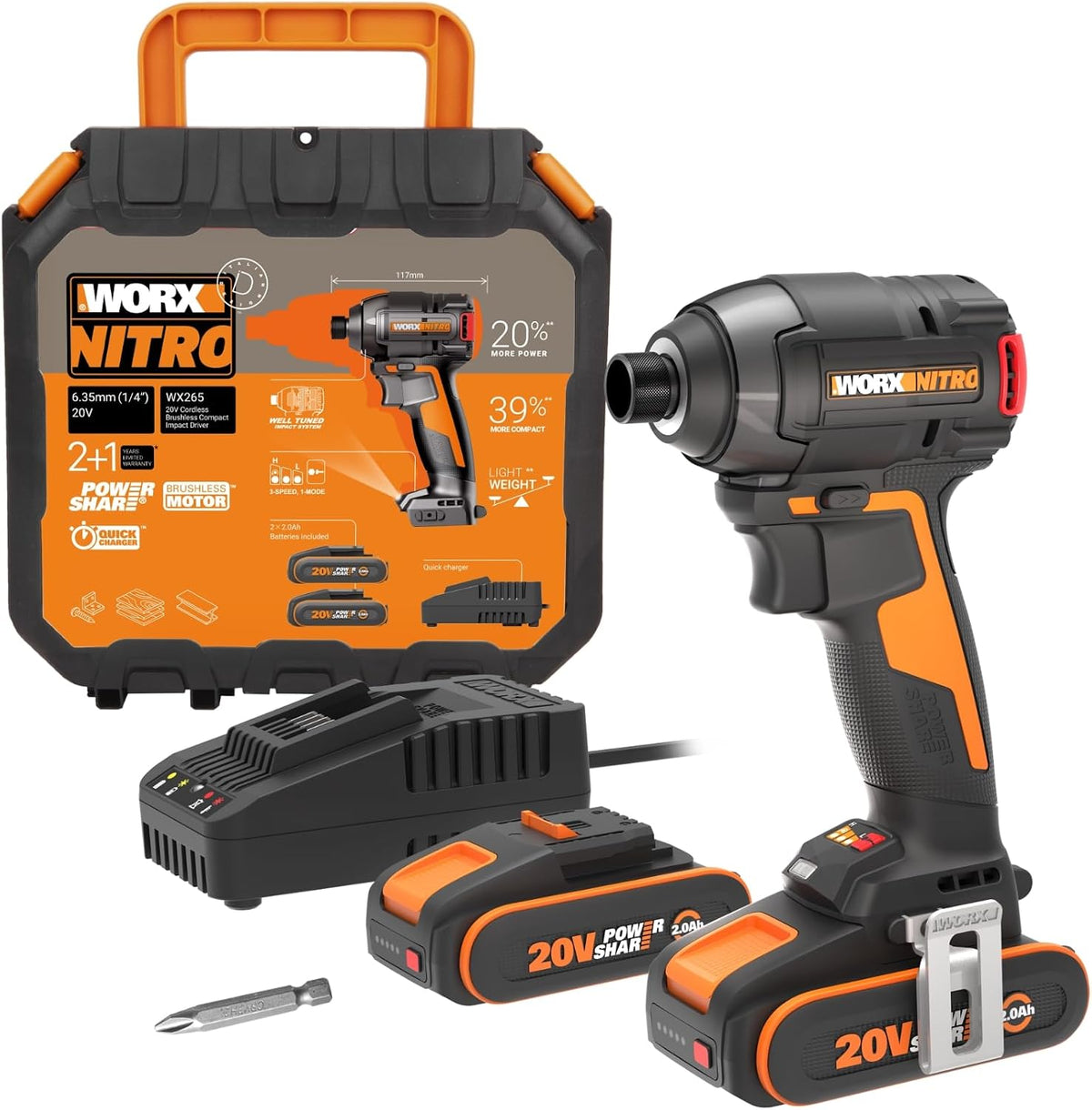 Berbequim aparafusador, WORX, WX265, 20 V, 2 Ah, 3 Velocidades, com gavetas, sem bateria, madeira, Natural, para trabalhos de manutenção