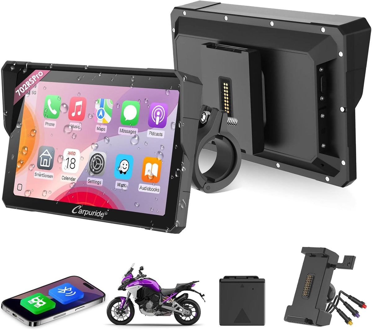 GPS para motociclo, CARPURIDE, W702RS, com ecrã tátil, com rodas, Amarelo / Vermelho, para uso diário