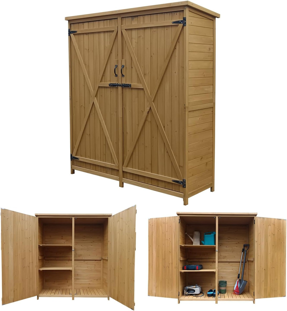 Abrigo de jardim, The Homeweeks, 135 cm, 50 cm, 152 cm, resistente à água, com prateleiras, aço, madeira, Natural, para jardim e exterior