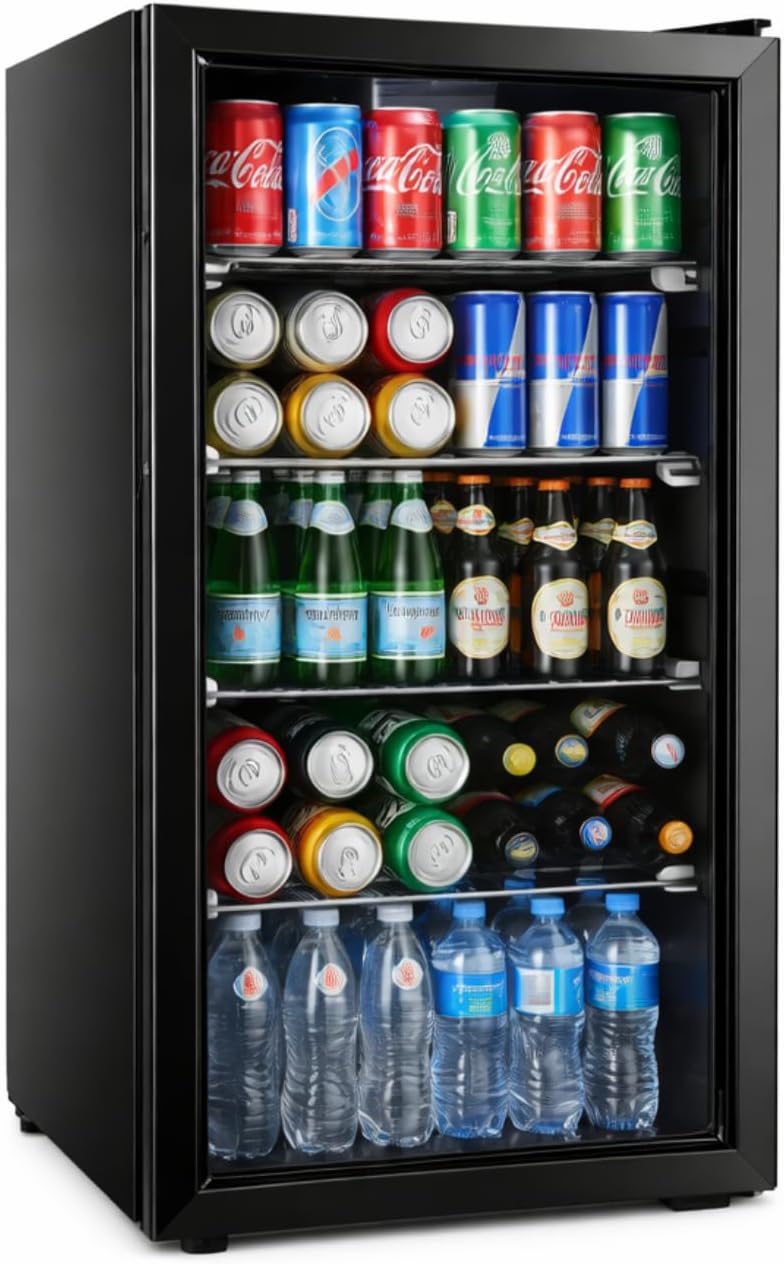 Minifrigorífico, Générique, 72 L, 0 a, com iluminação LED, com prateleiras, vidro, Preto, para uso diário