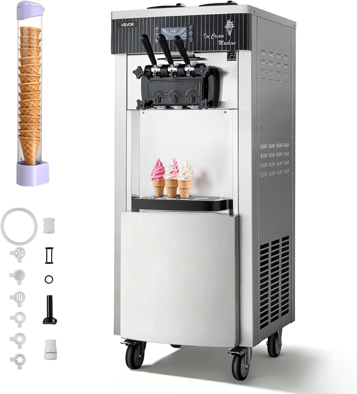 VEVOR, Máquina de gelo, 2200 W, 28 L, 6 L, com temporizador, com iluminação LED, com prateleiras, aço inoxidável, aço, Multicolor, para uso diário