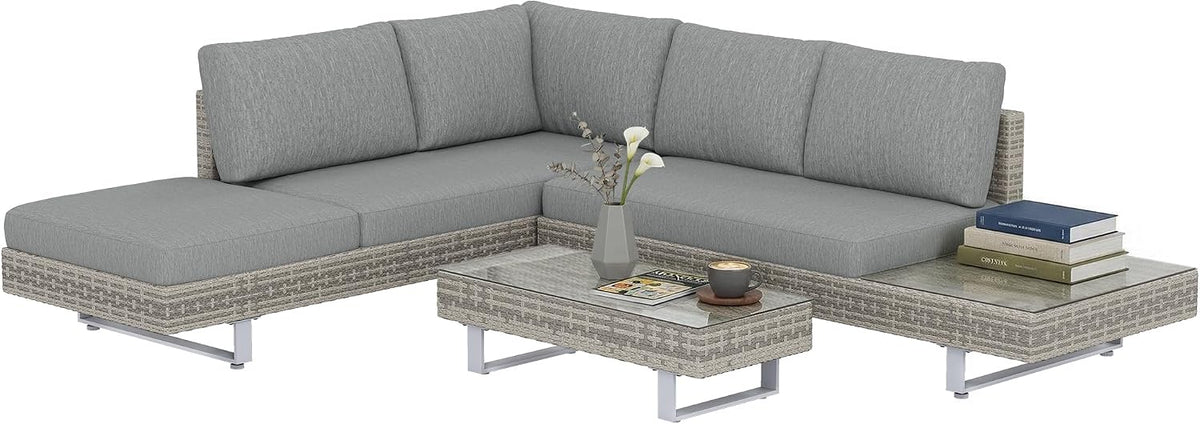 Conjunto de mobiliário de jardim, Outsunny, 360 kg, 240 kg, 66,9 kg, 196 × 69 × 59 cm, 167 × 69 × 59 cm, 90 × 40 × 25 cm, ratã, Cinzento