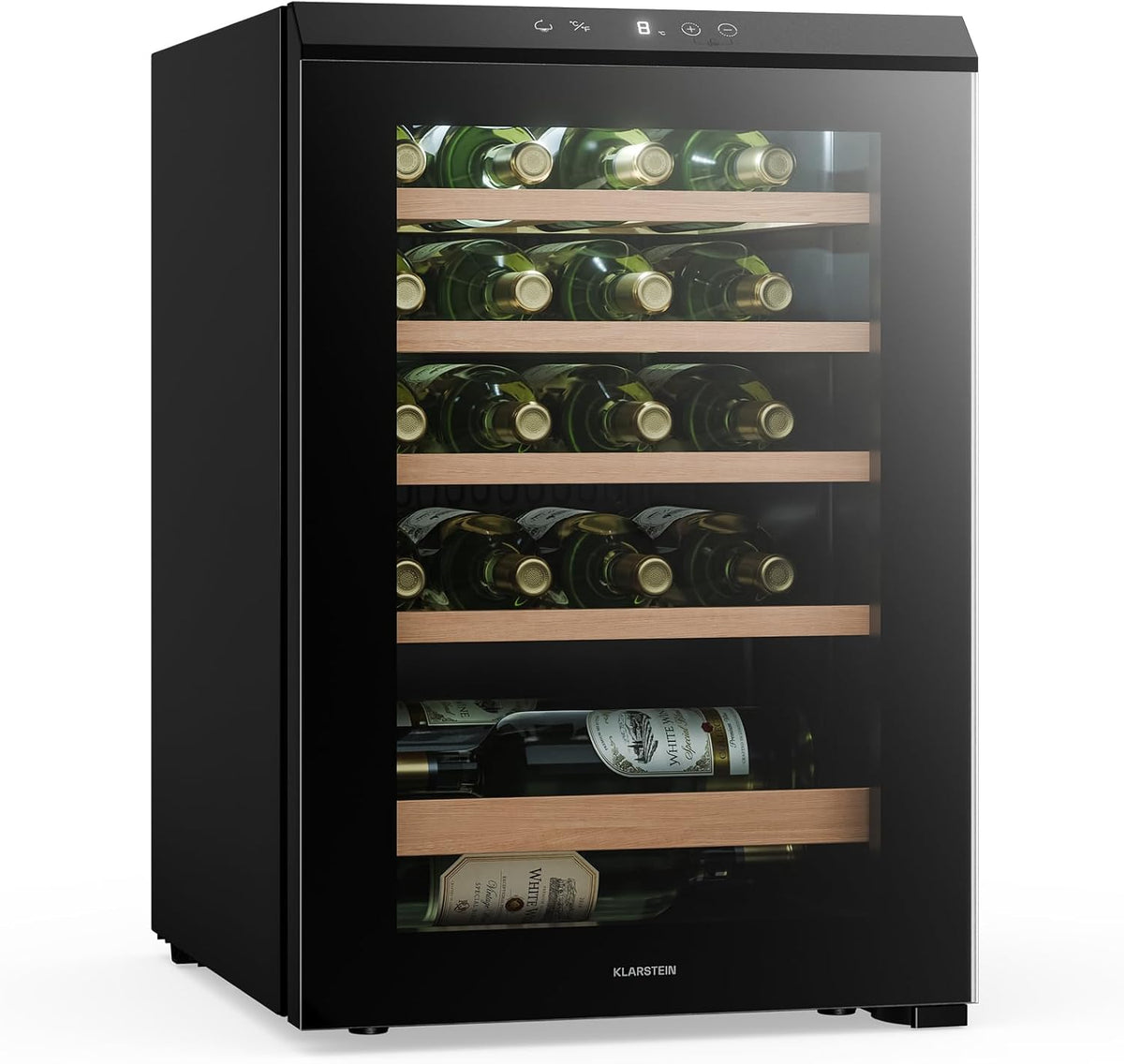 Frigorífico para bebidas, KLARSTEIN, 62 L, 31 cm, 38 dB, com ecrã tátil, com iluminação LED, com prateleiras, madeira, vidro, Branco / Natural