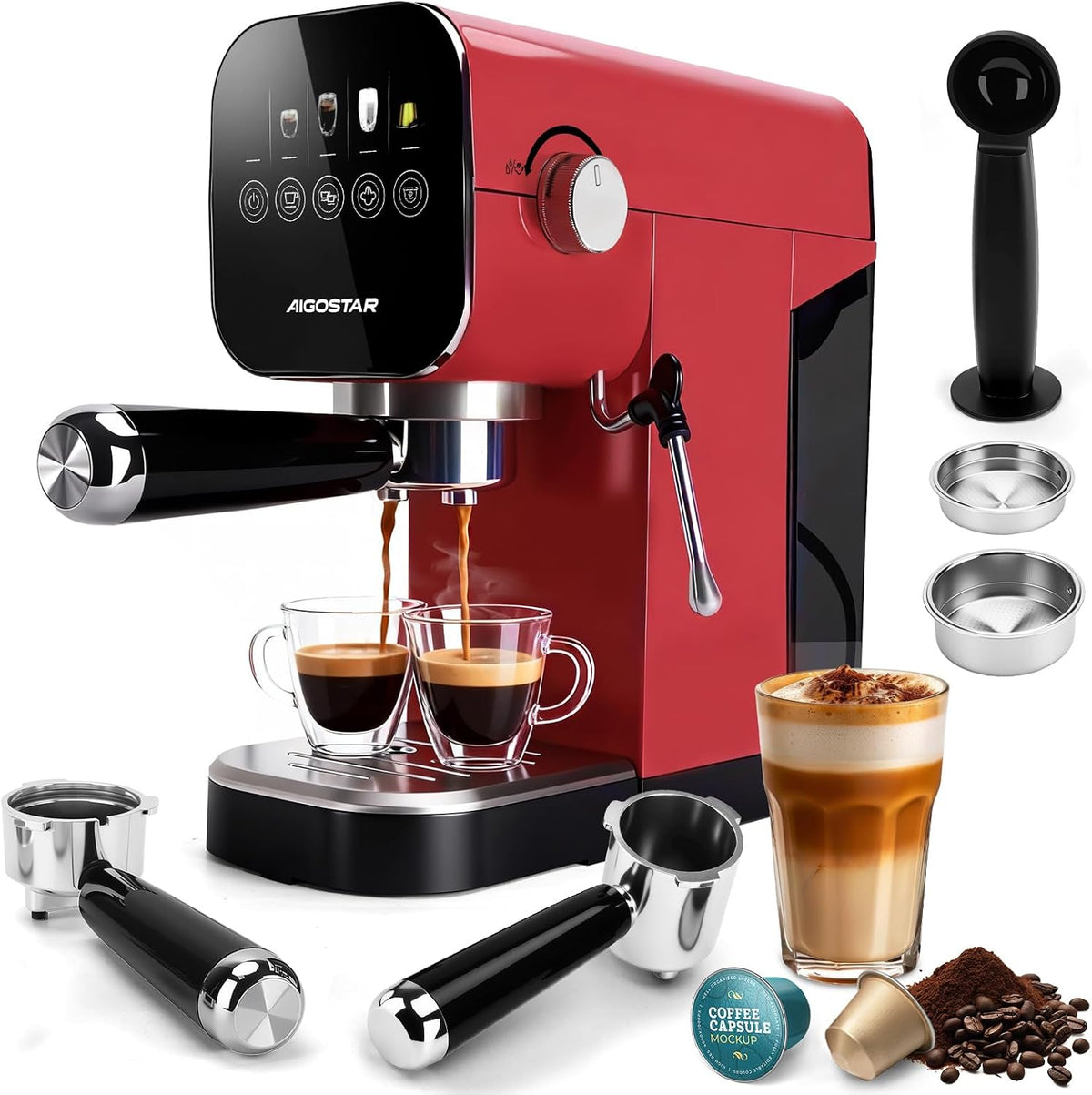 Máquina de café, Aigostar, 7,5 kg, aço inoxidável, aço, Vermelho, para a cozinha