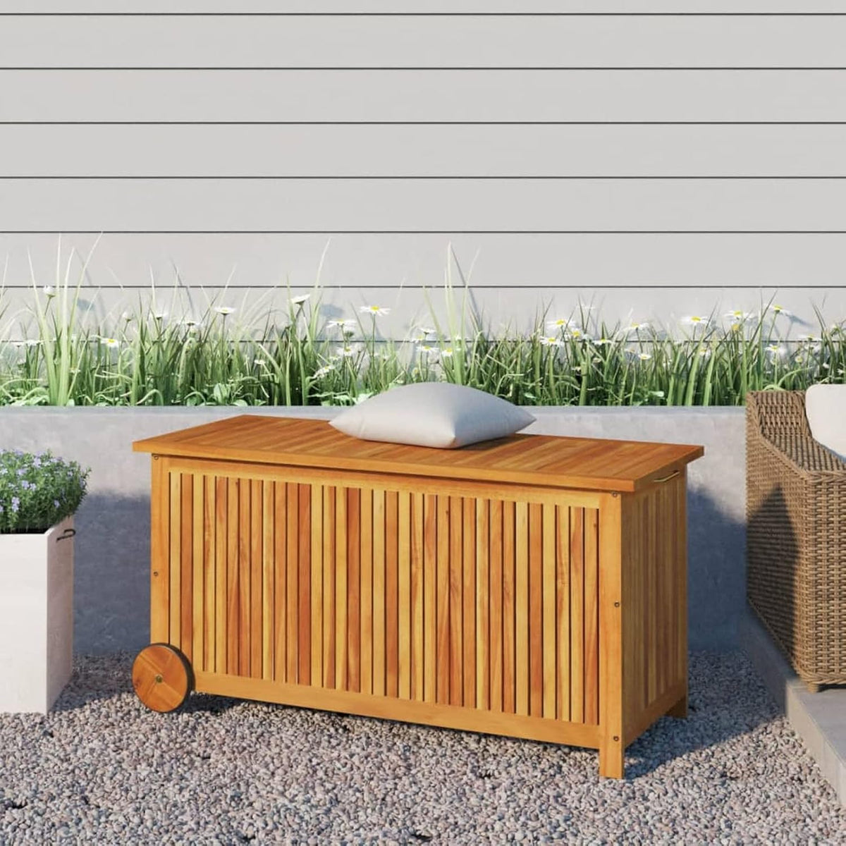 Caixa de arrumação exterior, IKAYAA, 58 cm, 113 × 50 × 58 cm, resistente à água, com rodas, madeira, Natural, para jardim e exterior