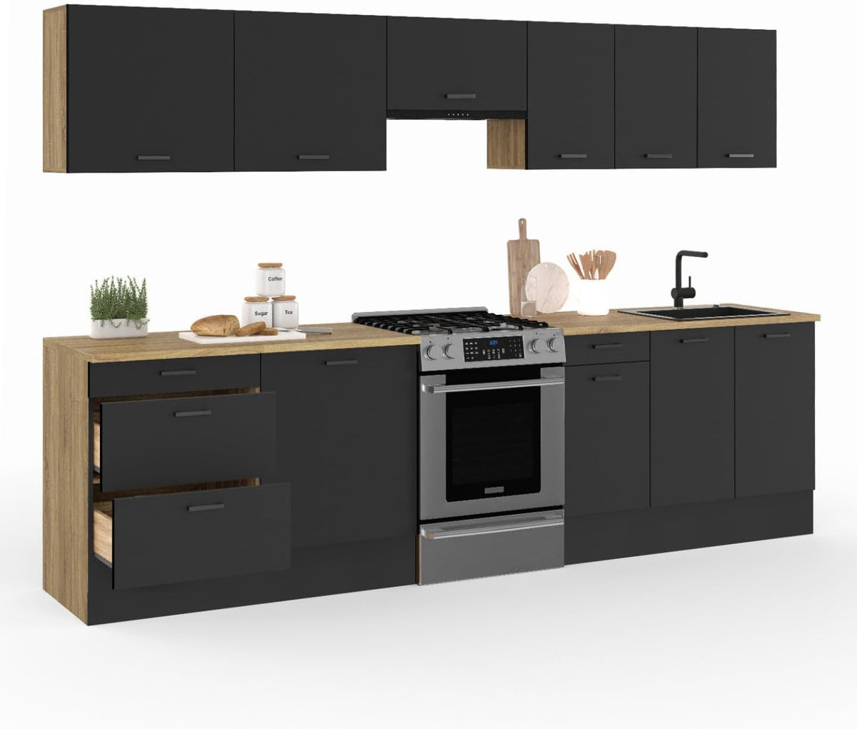 Artigo para casa, IDMarket, 300 cm, 90 cm, 11 cm, 2,5 cm, 48 cm, 60 cm, com gavetas, com prateleiras, madeira, Preto, para uso diário