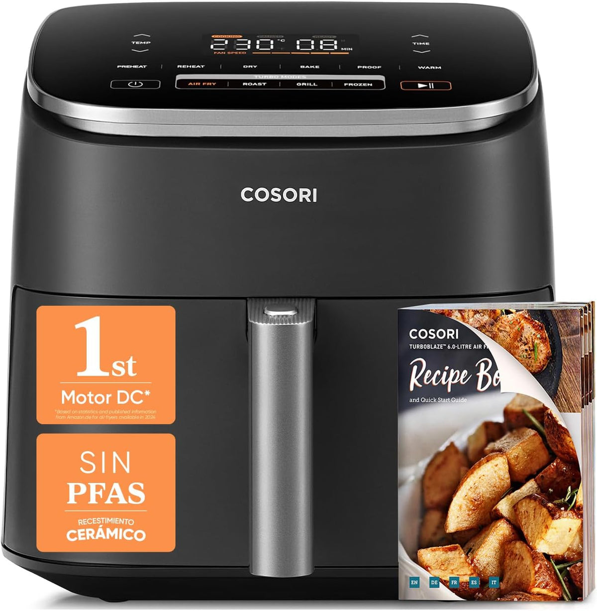 Fritadeira de ar quente, Cosori, 6 L, 27 dB, 2 a, 1 kg, 400 g, 30 cm, vidro, Dourado, para a cozinha