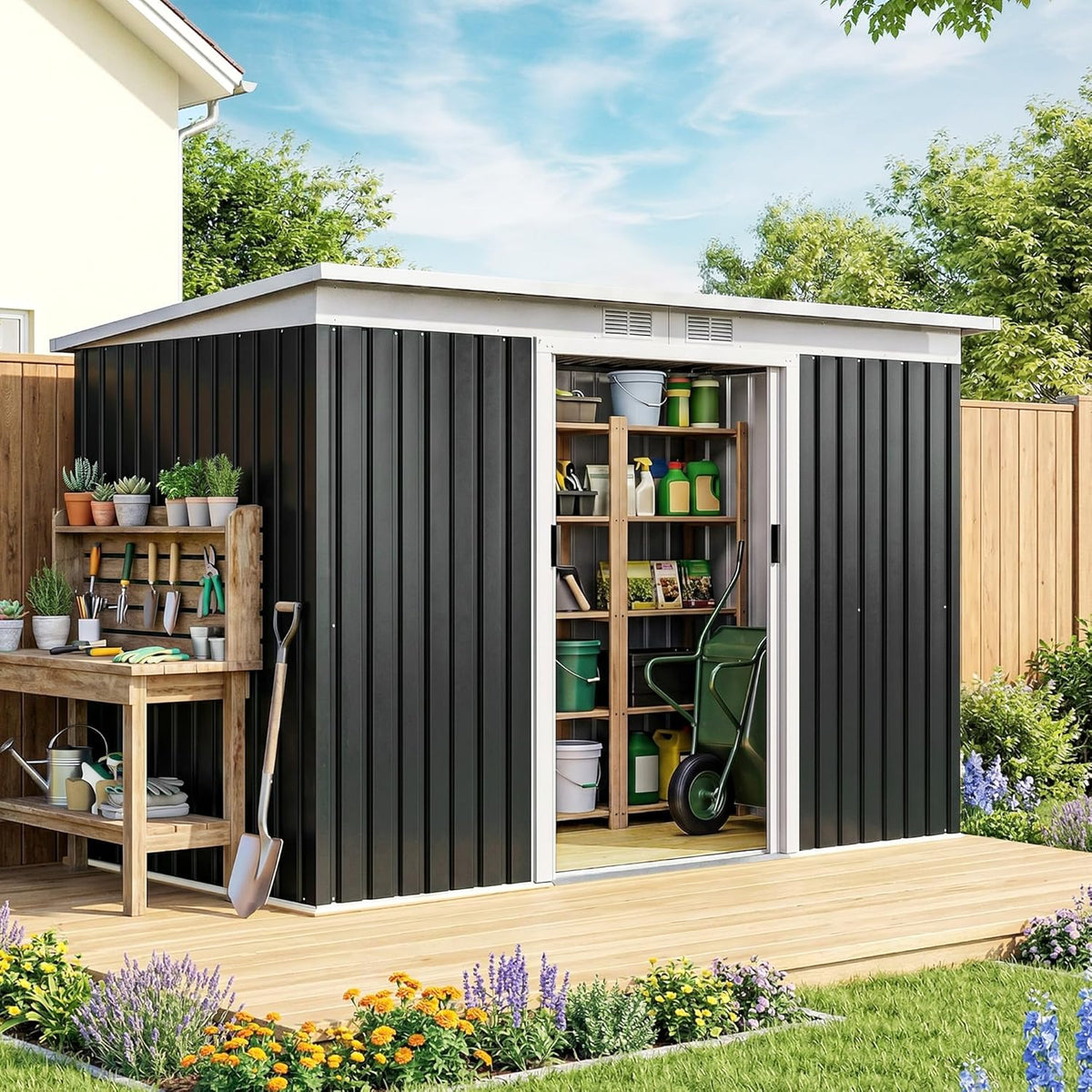Abrigo de jardim, Outsunny, 280 × 130 × 172 cm, 172 cm, 96 × 152 cm, 266 × 116 cm, 2 pessoas, aço, Cinzento, para jardim e exterior