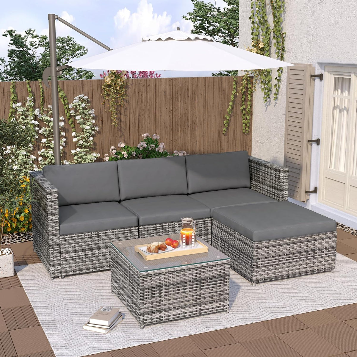 Conjunto de mobiliário de jardim, Merax, 4 pessoas, 5 cm, 67 cm, 36 cm, 196 × 136 × 67 cm, 58 × 58 × 36 cm, aço, ratã, Multicolor